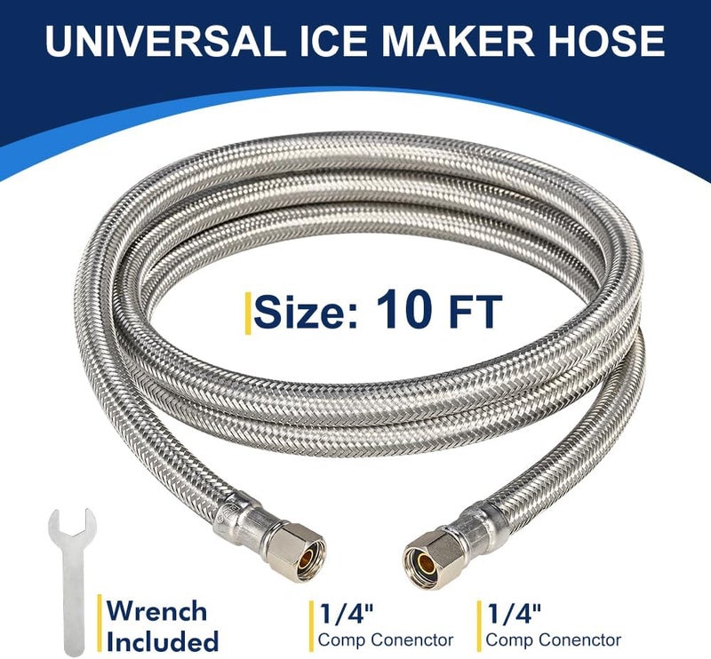PLUMBINGMASTER 10ft Ice Maker Water Line Stainless Steel Braided – Flexible Refrigerator Water Supply Tube with 1/4" Quick Connect Fitting, Universal Fit - Image 2